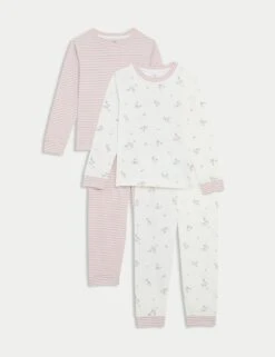 2pk Pure Cotton Floral Striped Pyjama Sets (1-8 Yrs)