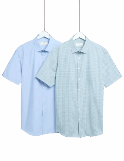 2pk Regular Fit Short Sleeve Checked Shirts -Marks And Spencer Shop 2pk regular fit short sleeve checked shirts