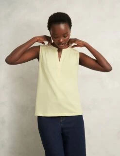 Cotton Blend Collarless Notch Neck Sleeveless Blouse