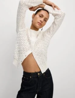 Cotton Blend Embellished Crew Neck Cardigan