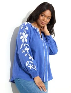 Cotton Blend Embroidered V-Neck Blouse