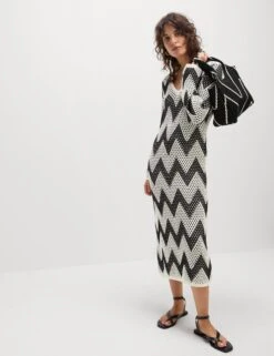 Cotton Blend Knitted V-Neck Midi Dress