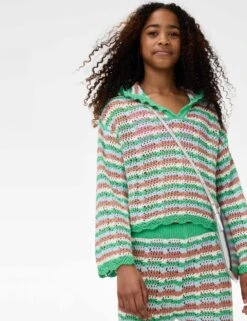 Cotton Blend Striped Knitted Hoodie (6-16 Yrs)