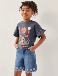 MONSOON Cotton Rich Embellished Frill Sleeve Top (3-13 Yrs)