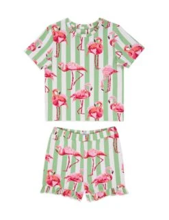 Cotton Rich Striped Flamingo Print Pyjamas (1-12 Yrs)