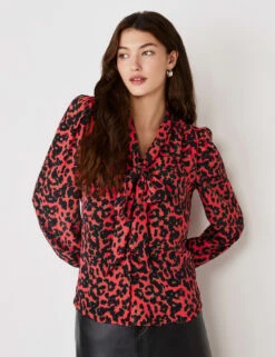 Crepe Animal Print Tie Neck Blouse
