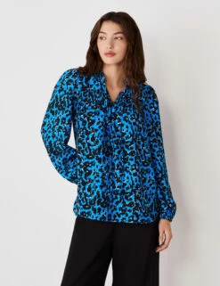 Crepe Animal Print Tie Neck Popover Blouse