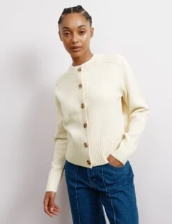Crew Neck Button Through Cardigan With Wool