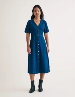 Denim V-Neck Midi Tea Dress