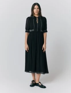 Ghost Embroidered Tie Neck Midi Smock Dress