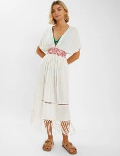 Accessorize Embroidered V-Neck Fringe Midi Kaftan
