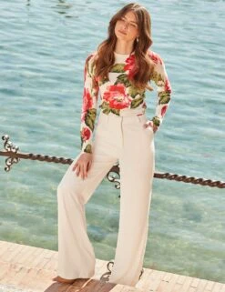 Floral Button Cuff Crew Neck Jumper