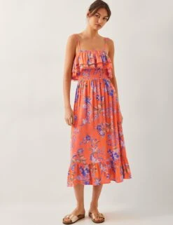 MONSOON Floral Square Neck Midi Waisted Dress