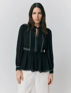 Ghost Georgette Embroidered Tie Neck Blouse