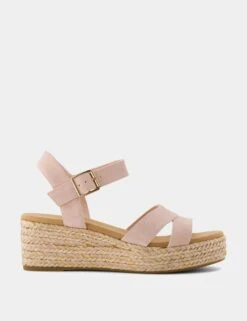 Toms Leather Ankle Strap Wedge Espadrille Sandals