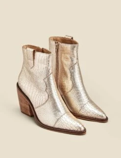 Leather Cow Boy Croc Block Heel Ankle Boots -Marks And Spencer Shop Leather Cow Boy Croc Block Heel Ankle Boots 3