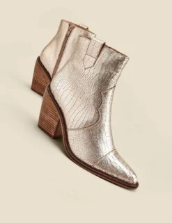 Leather Cow Boy Croc Block Heel Ankle Boots -Marks And Spencer Shop Leather Cow Boy Croc Block Heel Ankle Boots 4