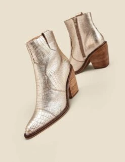 Leather Cow Boy Croc Block Heel Ankle Boots -Marks And Spencer Shop Leather Cow Boy Croc Block Heel Ankle Boots 5