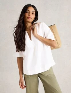 WHITE STUFF Linen Blend Notch Neck Top