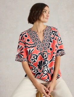 WHITE STUFF Linen Blend Printed V-Neck Top
