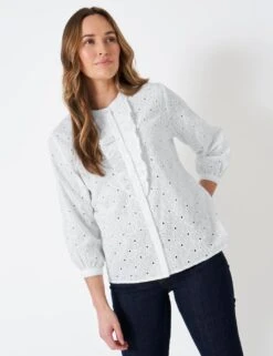 Cotton Rich Broderie Crew Neck Blouse