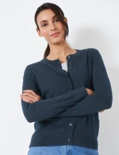 Cotton Blend Crew Neck Button Front Cardigan