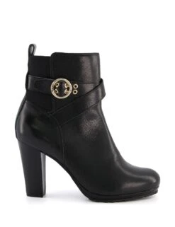 Dune London Leather Buckle Block Heel Ankle Boots