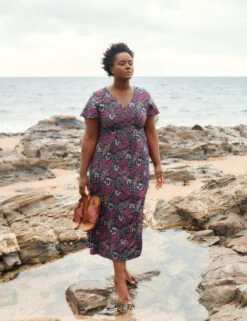 Organic Cotton Printed V-Neck Midi Dress