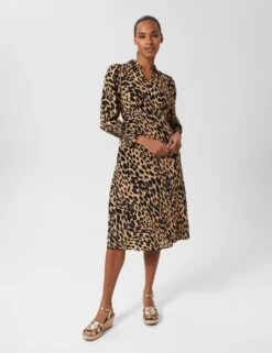 Animal Print Button Front Midi Shirt Dress