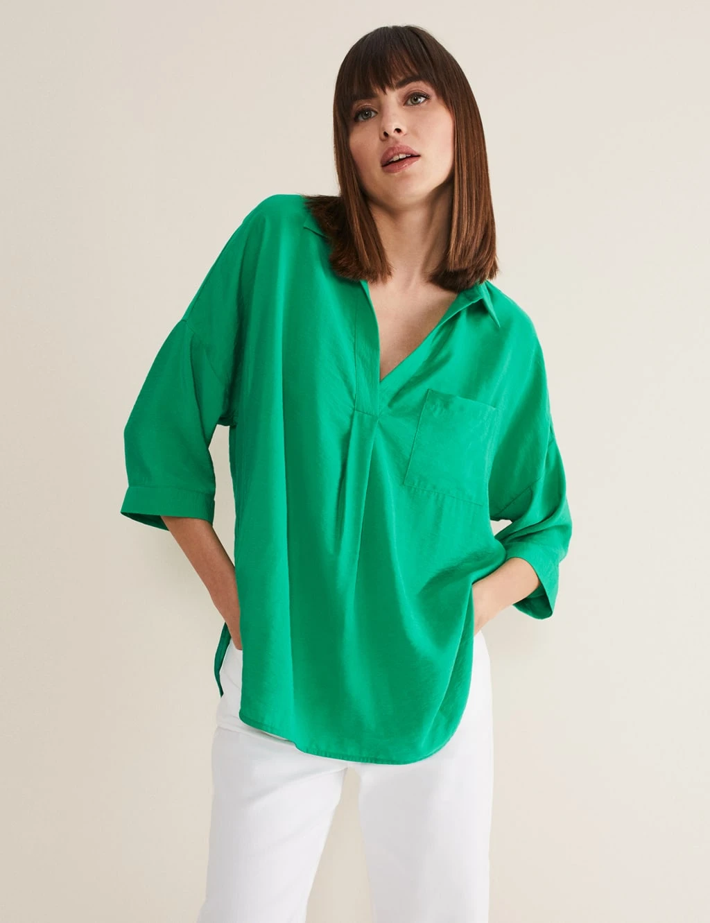 Collared V-Neck Relaxed Longline Shirt 1 Collared V-Neck Relaxed Longline Shirt