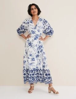 Cotton Rich Floral V-Neck Midaxi Wrap Dress