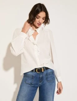Pure Cotton Broderie Frill Neck Blouse