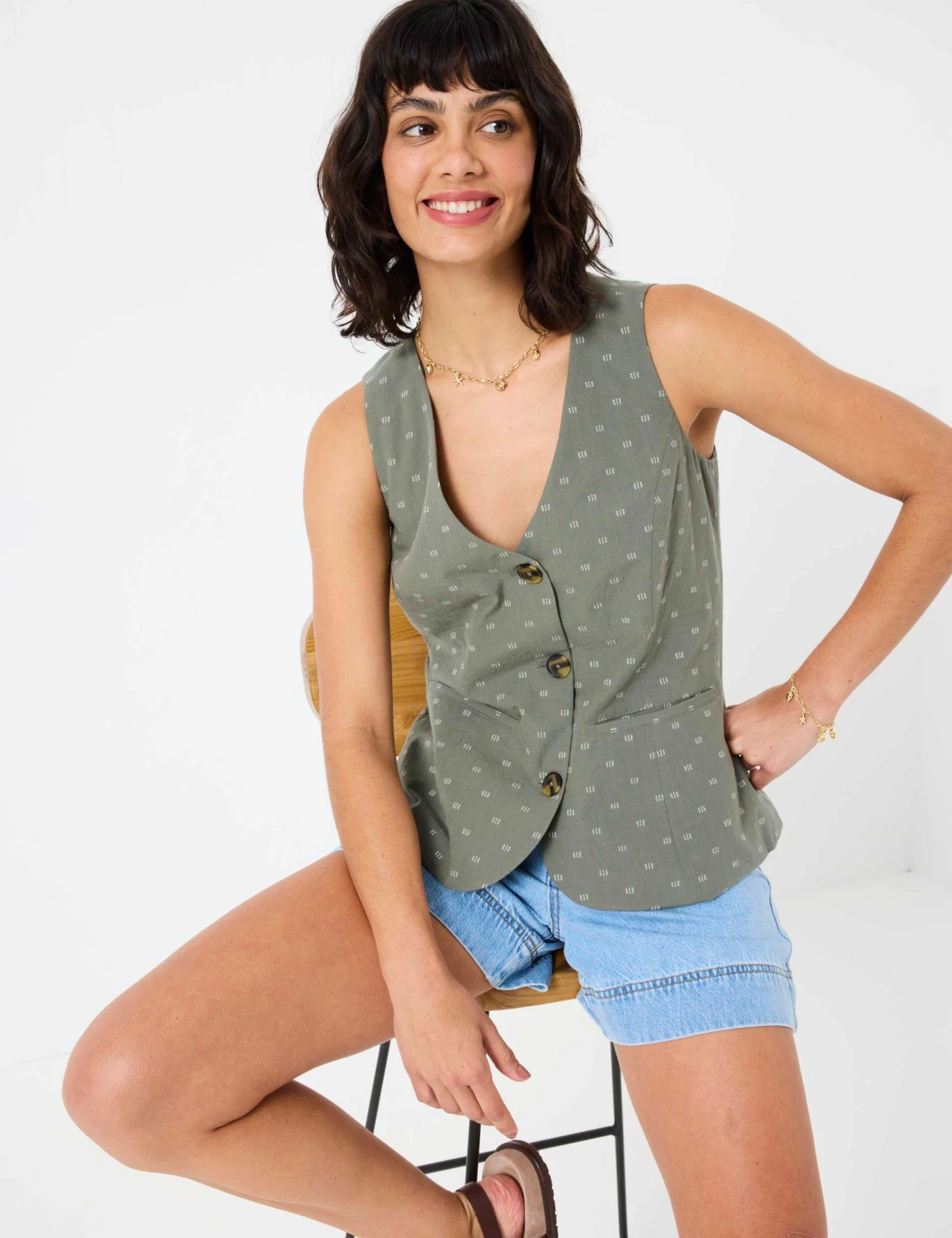 Pure Cotton Embroidered V-Neck Waistcoat 5 Pure Cotton Embroidered V-Neck Waistcoat - Image 5