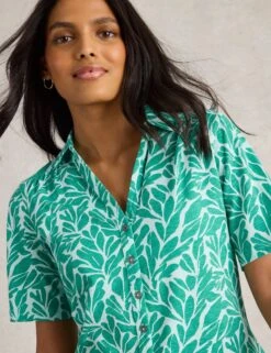 WHITE STUFF Pure Cotton Leaf Print Collared V-Neck Button Through Shirt