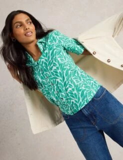 WHITE STUFF Pure Cotton Leaf Print Collared V-Neck Button Through Shirt -Marks And Spencer Shop Pure Cotton Leaf Print Collared V Neck Button Through Shirt 4