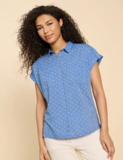 WHITE STUFF Pure Cotton Polka Dot Collared Cap Sleeve Shirt