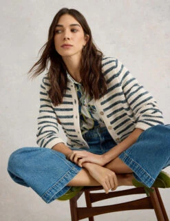 WHITE STUFF Pure Cotton Striped Crew Neck Cardigan -Marks And Spencer Shop Pure Cotton Striped Crew Neck Cardigan 4