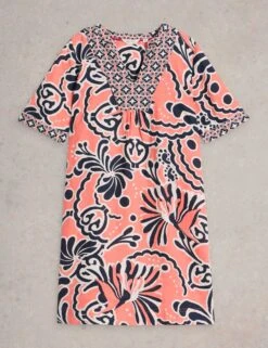 WHITE STUFF Pure Linen Printed V-Neck Shift Dress