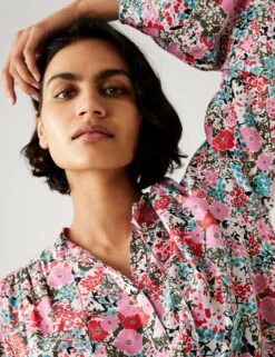 Floral Tie Neck Relaxed Longline Blouse -Marks And Spencer Shop SD 01 T41 1888V A4 X EC 1
