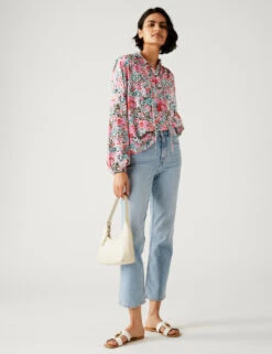 Floral Tie Neck Relaxed Longline Blouse -Marks And Spencer Shop SD 01 T41 1888V A4 X EC 2