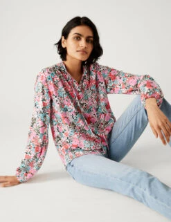 Floral Tie Neck Relaxed Longline Blouse -Marks And Spencer Shop SD 01 T41 1888V A4 X EC 3