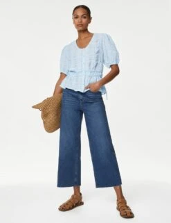 Textured V-Neck Button Through Blouse