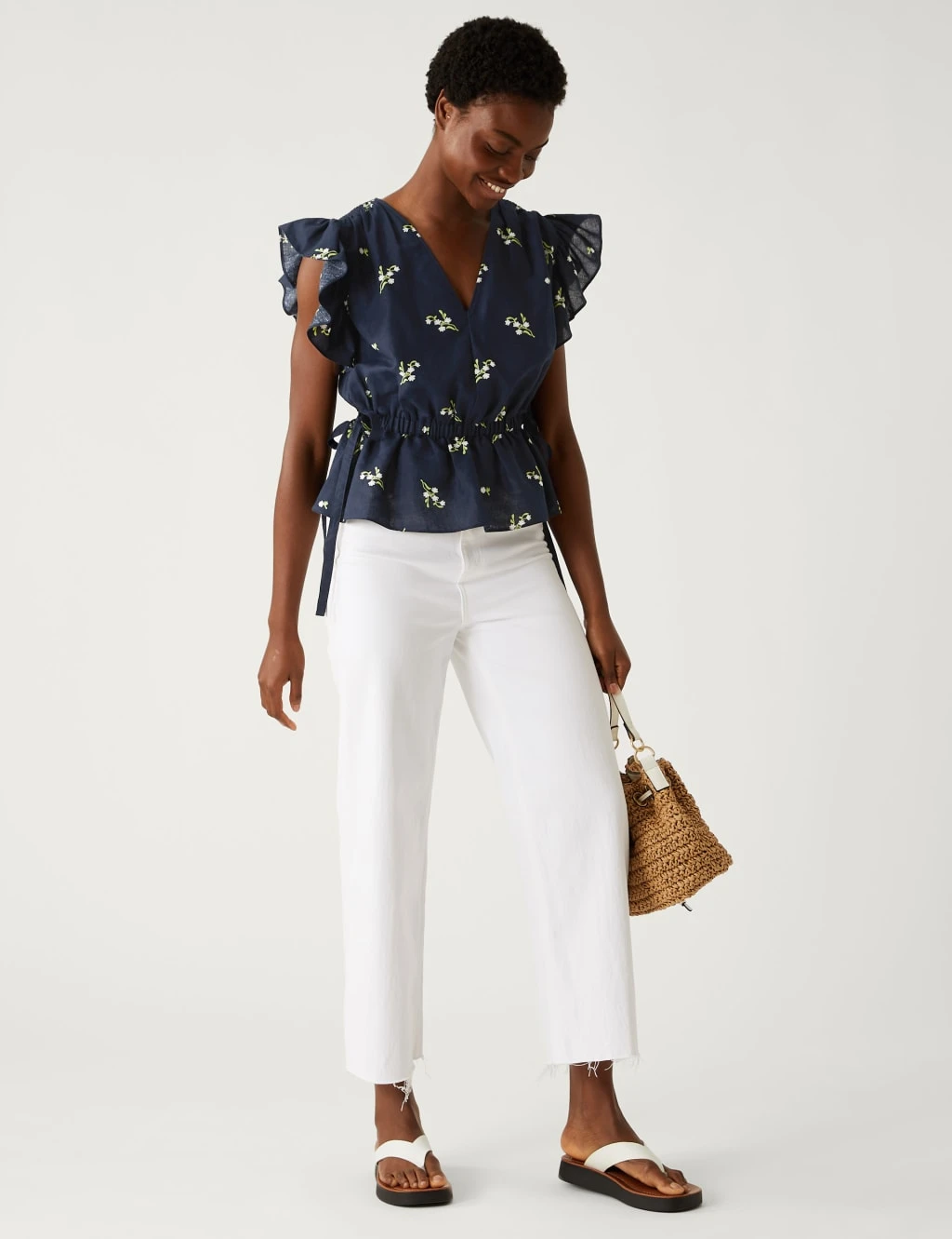 Linen Blend Frill Detail Waisted Blouse 3 Linen Blend Frill Detail Waisted Blouse - Image 3