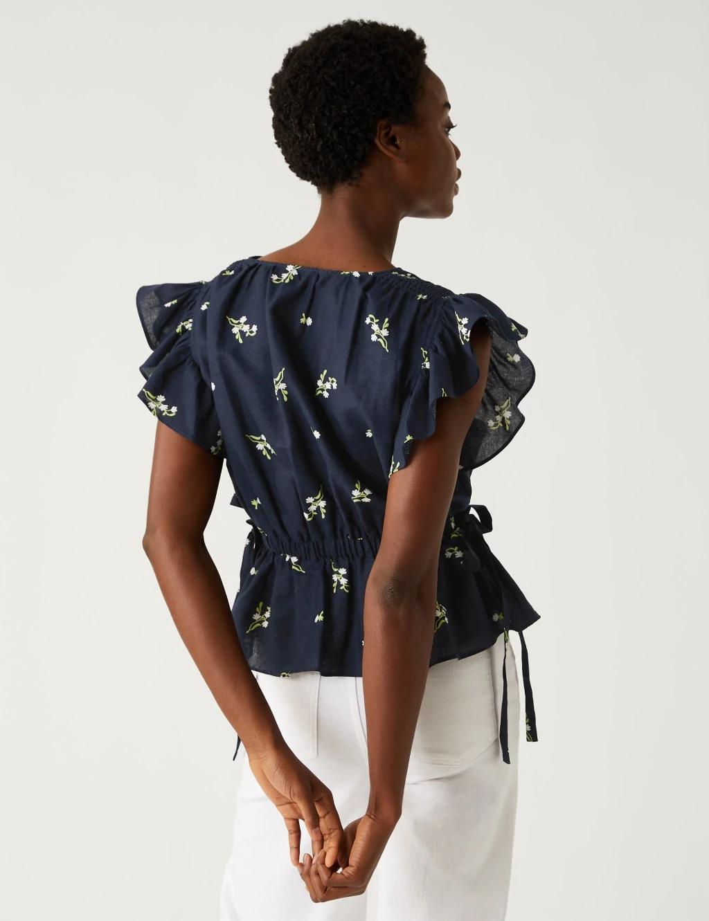 Linen Blend Frill Detail Waisted Blouse 5 Linen Blend Frill Detail Waisted Blouse - Image 5