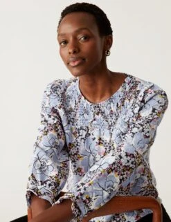 Floral Round Neck Shirred Blouse -Marks And Spencer Shop SD 01 T43 5643 ZZ X EC 3