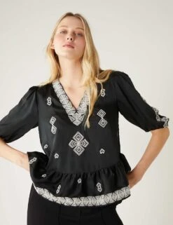 Satin Embroidered V-Neck Blouse -Marks And Spencer Shop SD 01 T43 5974 Y0 X EC 2