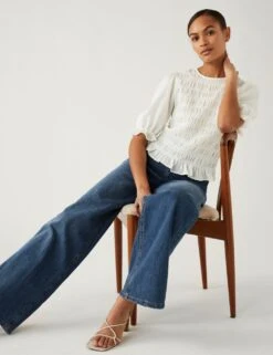 Round Neck Shirred Puff Sleeve Blouse