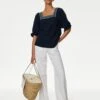 Linen Blend Embroidered Puff Sleeve Blouse -Marks And Spencer Shop SD 01 T52 3510 F0 X EC 0