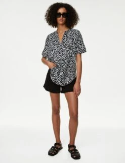 Pure Linen Animal Print Popover Blouse -Marks And Spencer Shop SD 01 T52 3993 Y4 X EC 1