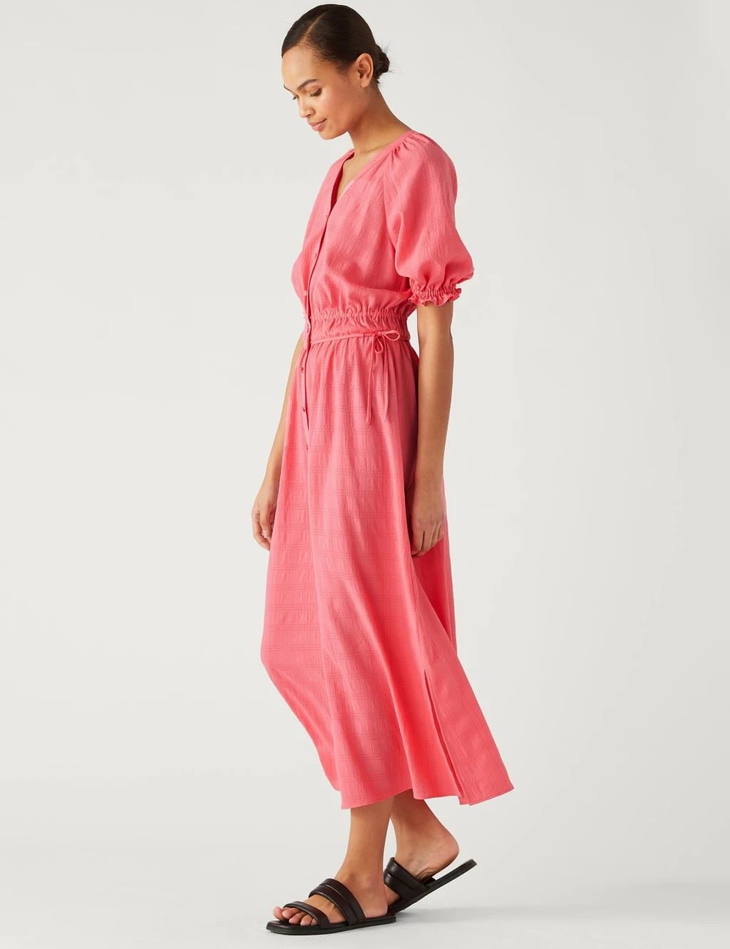 V-Neck Button Through Midi Waisted Dress 1 V-Neck Button Through Midi Waisted Dress